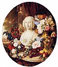 A Still Life With Assorted Flowers, Fruit And A Marble Bust Of A Woman
